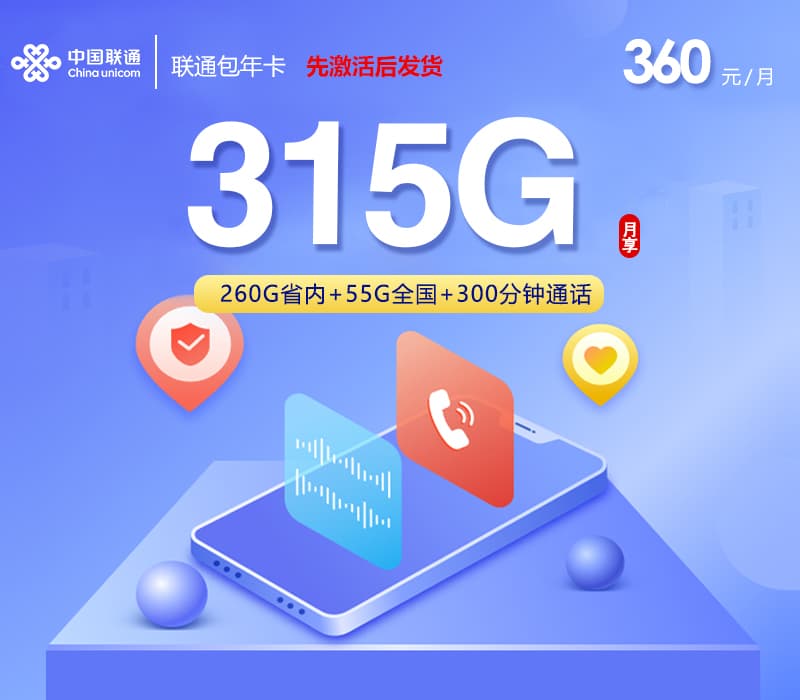 联通360元包年卡【每月315G+300分钟】【仅发山东】