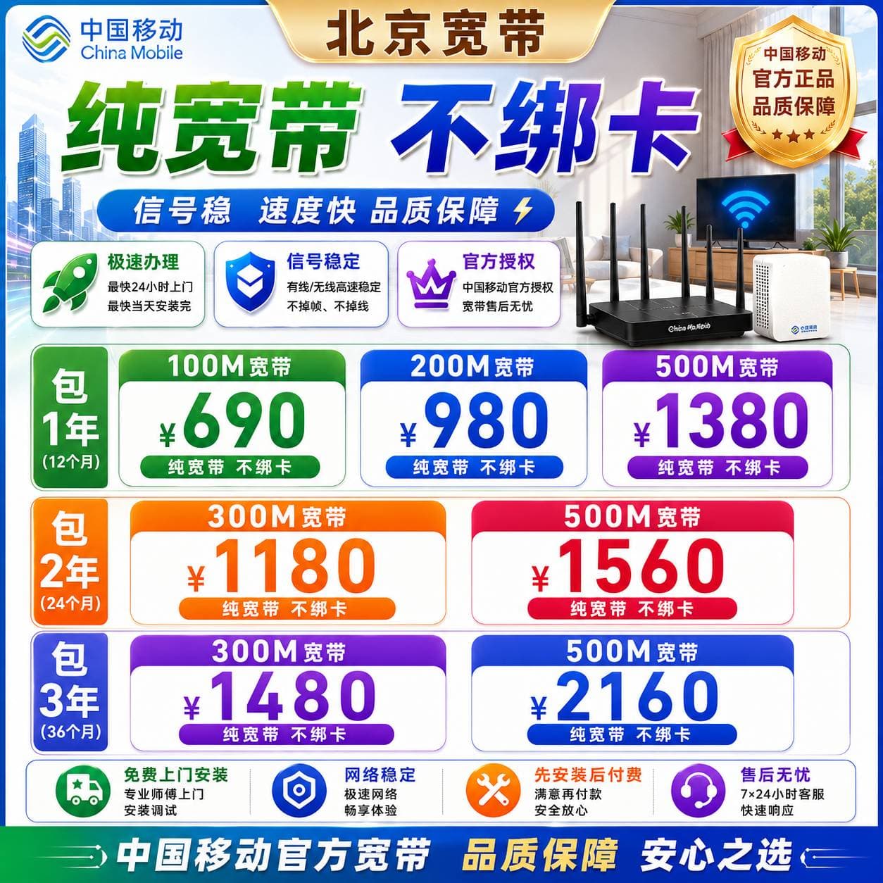 北京移动单宽【100-500M,1-3年】