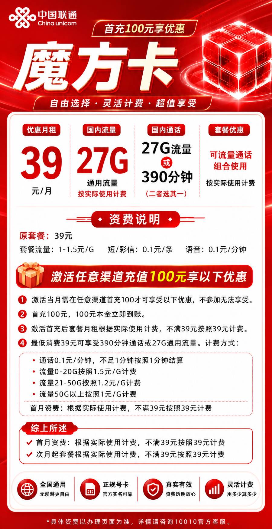 联通魔方套餐【39低销27G或390分钟】 详情图 1