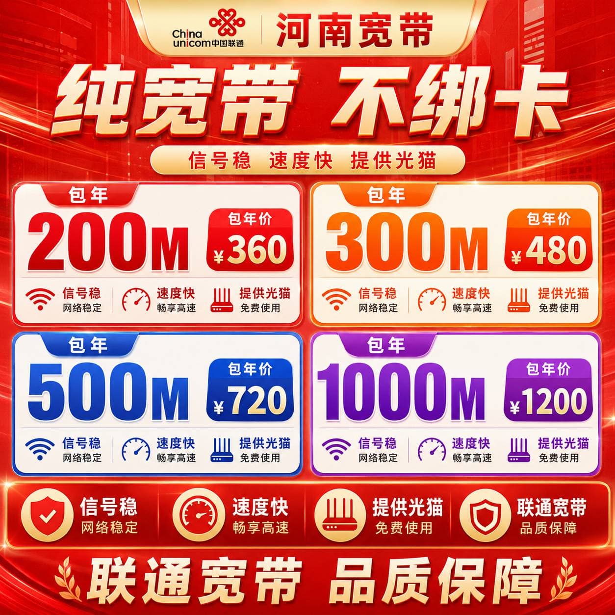 河南联通单宽【200M-1000M】