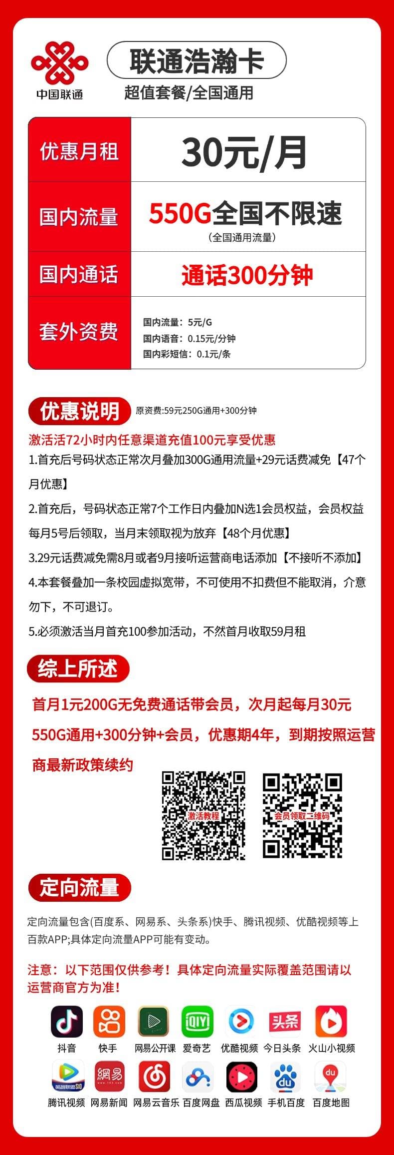 联通浩瀚卡【30元550G+300分钟+会员】 详情图 1