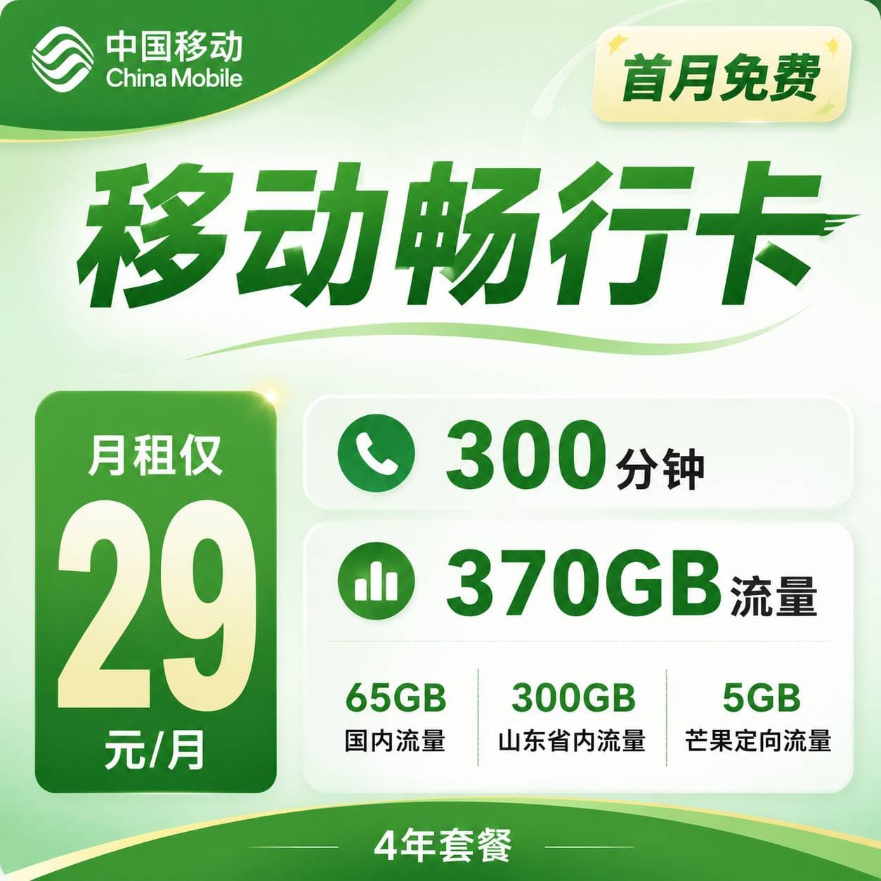 移动畅行卡【29元370G+300分钟】