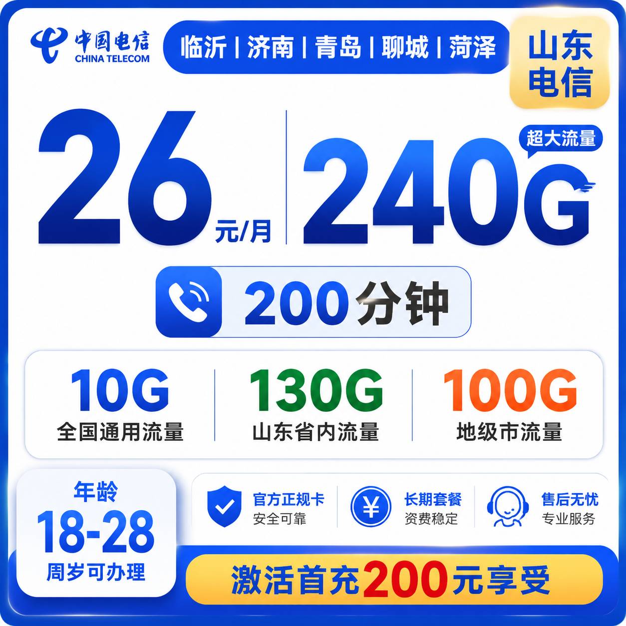 山东电信【26元240G流量+200分钟】