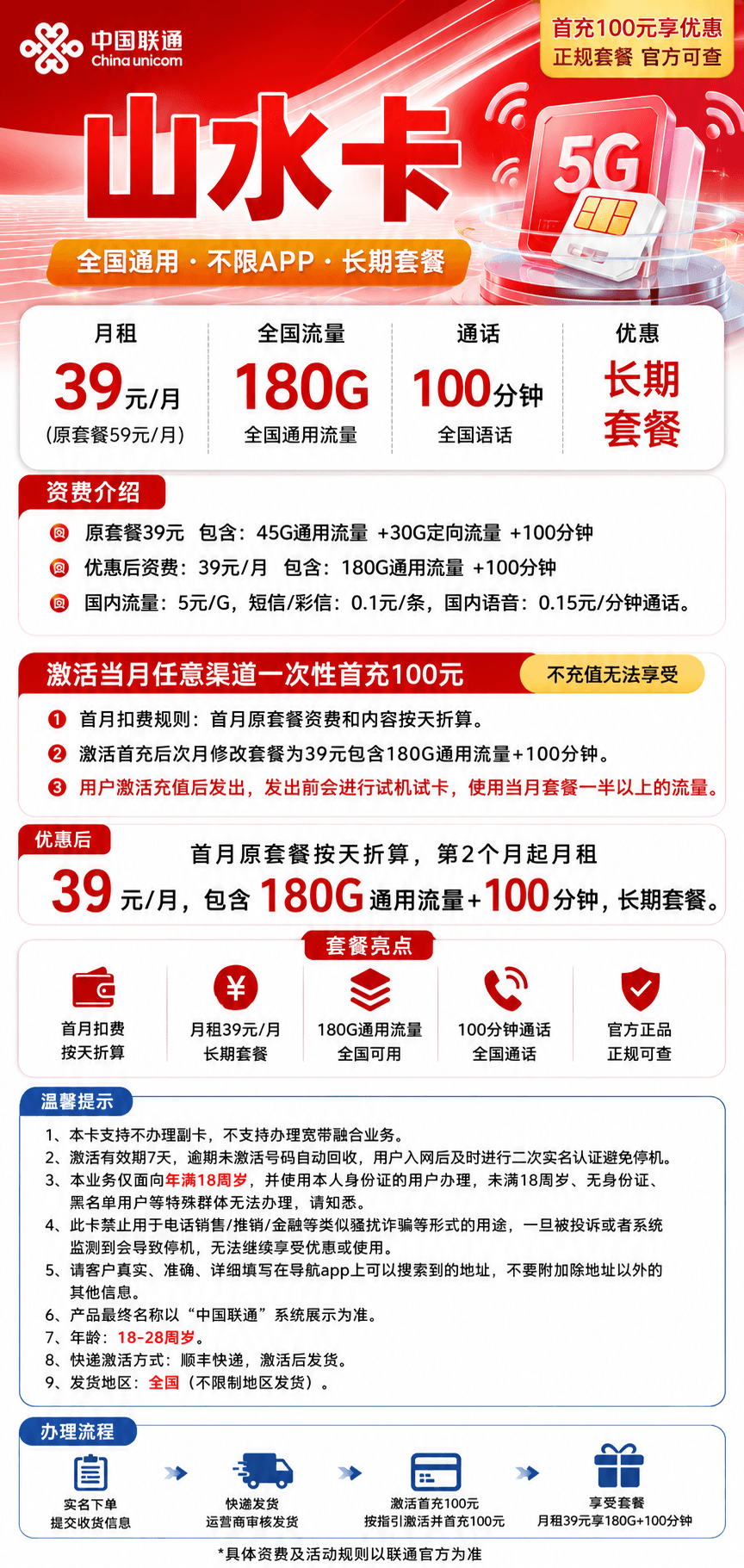 联通山水卡【39元180G通用+100分钟】 详情图 1