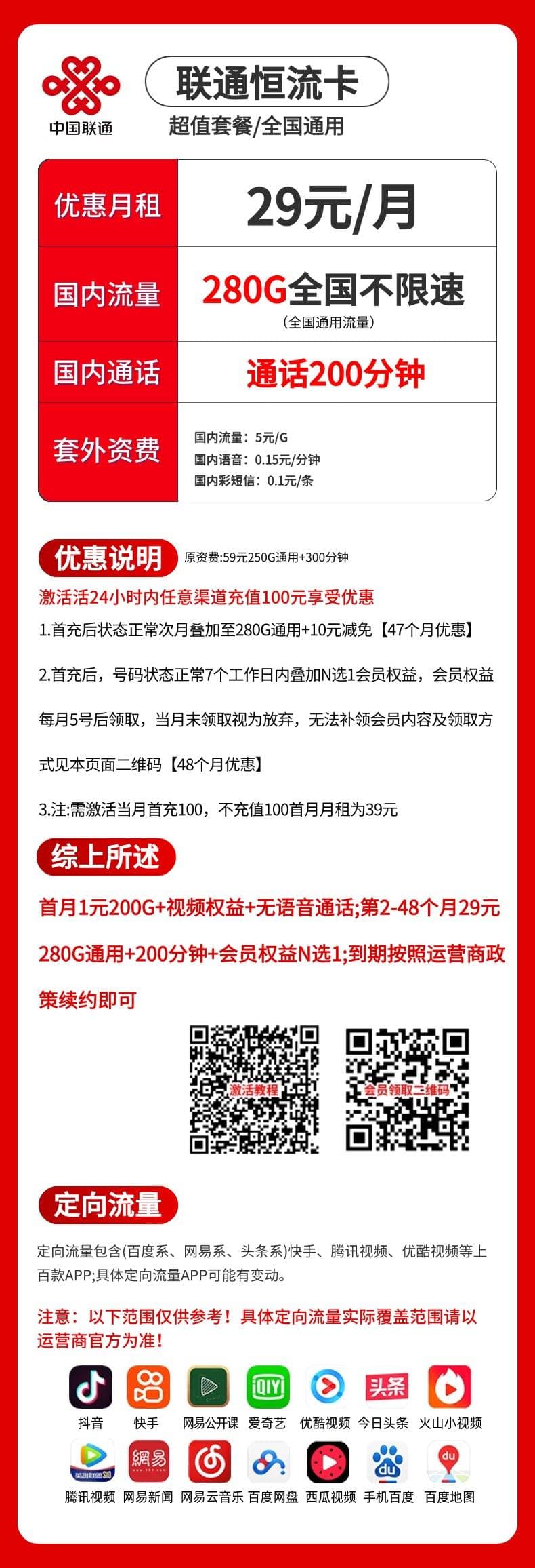 联通恒流卡【29元280G+200分钟+会员【发全国】 详情图 1