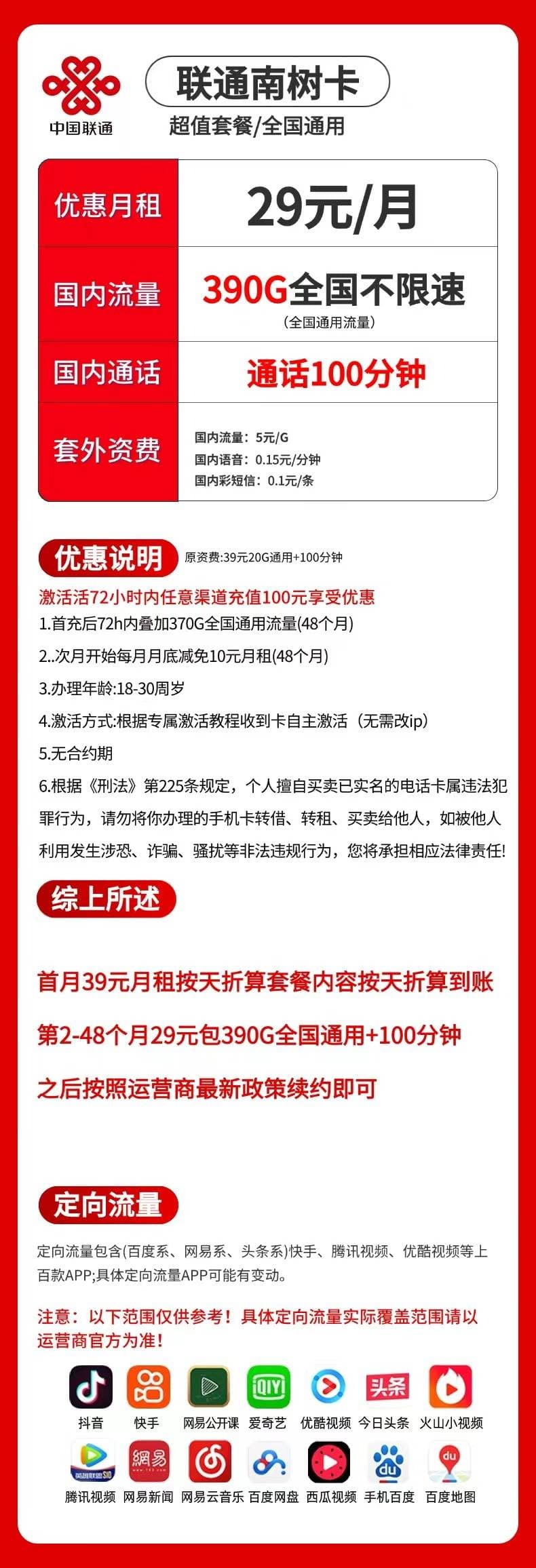 联通南树卡【29元390G通用+100分钟】 详情图 1