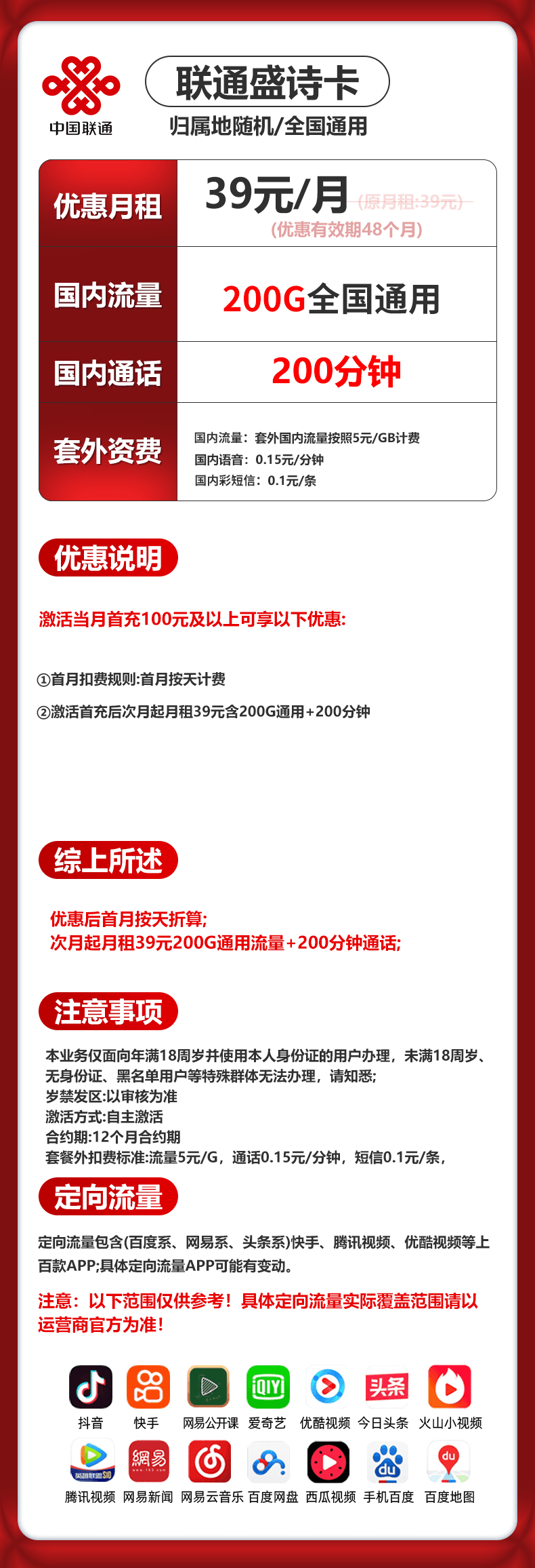 联通盛诗卡【39元200G＋200分钟】流量结转 详情图 1