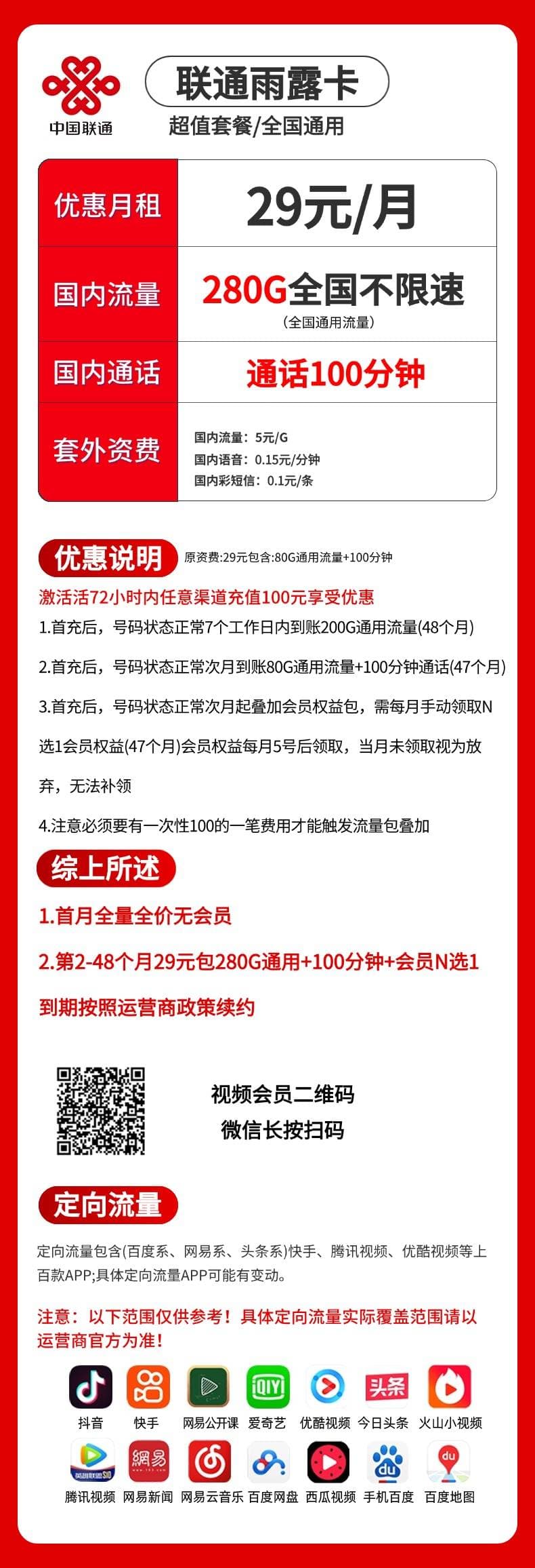联通雨露卡【29元280G通用+100分钟+会员】 详情图 1