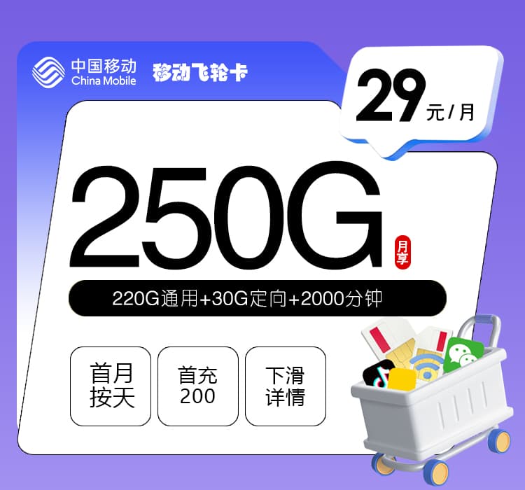 【新】移动飞轮卡2.0【29元250G+2000分钟】