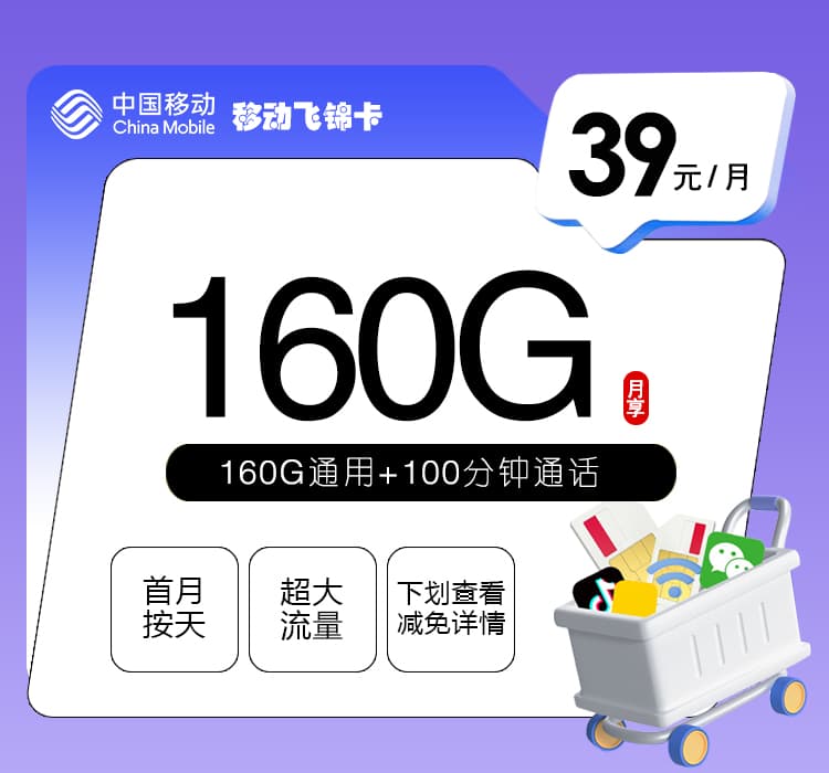 移动飞锦卡【39元160G+100分钟】