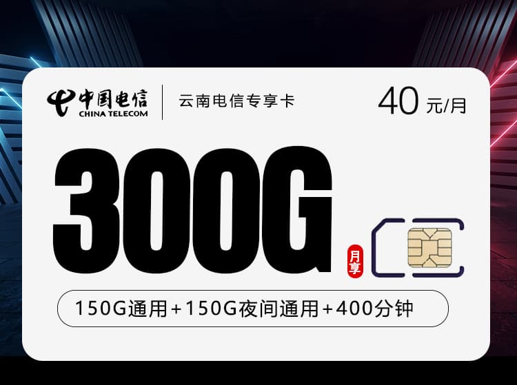 云南电信专享卡【40元300G+400分钟】