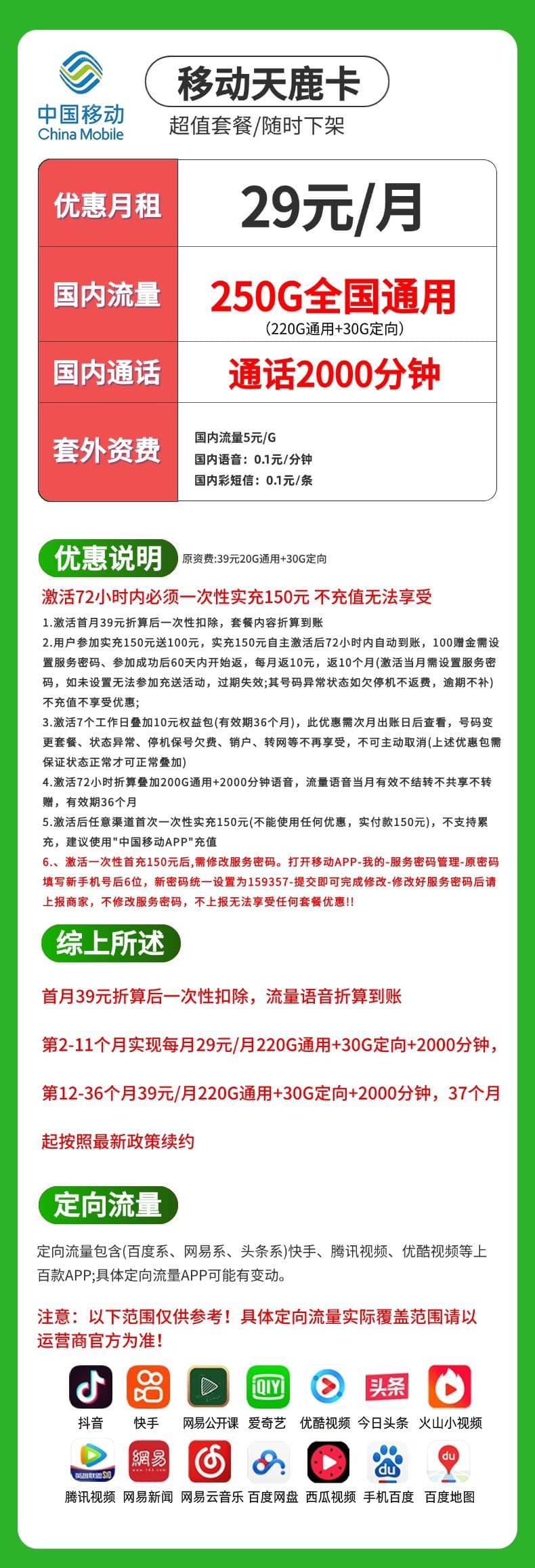 移动天鹿卡【29元250G+2000分钟】 详情图 1