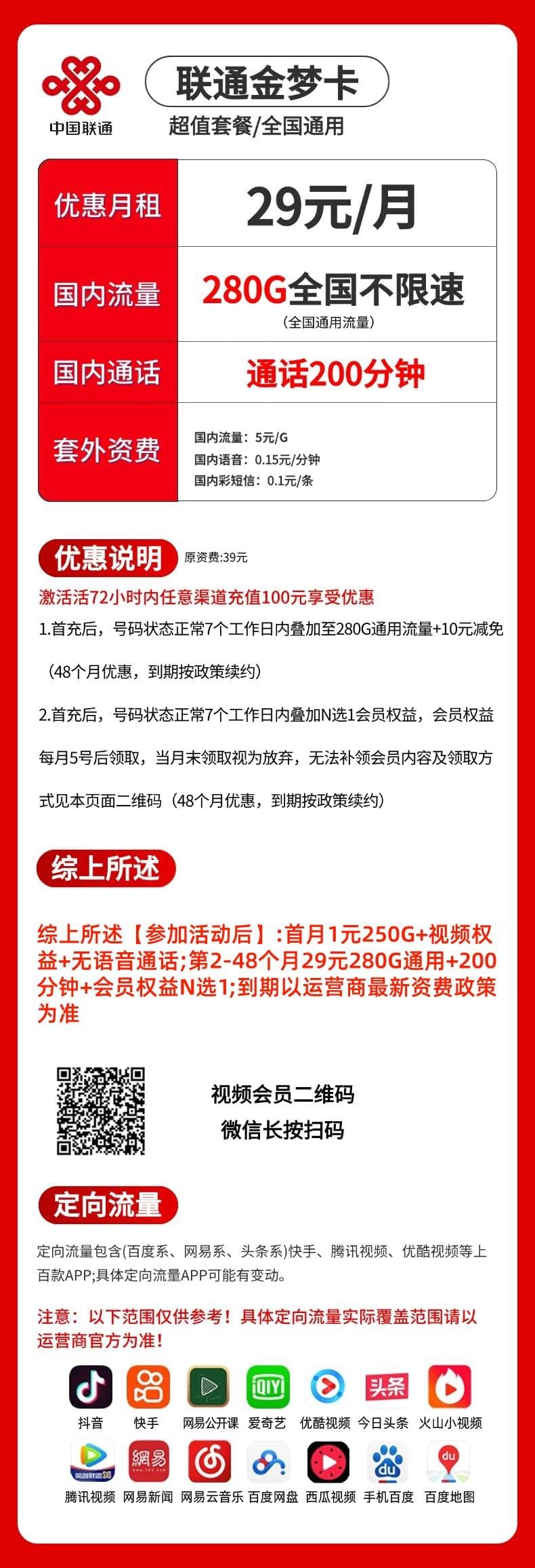 G联通金梦卡【29元280+200分钟+视频会员】 详情图 1