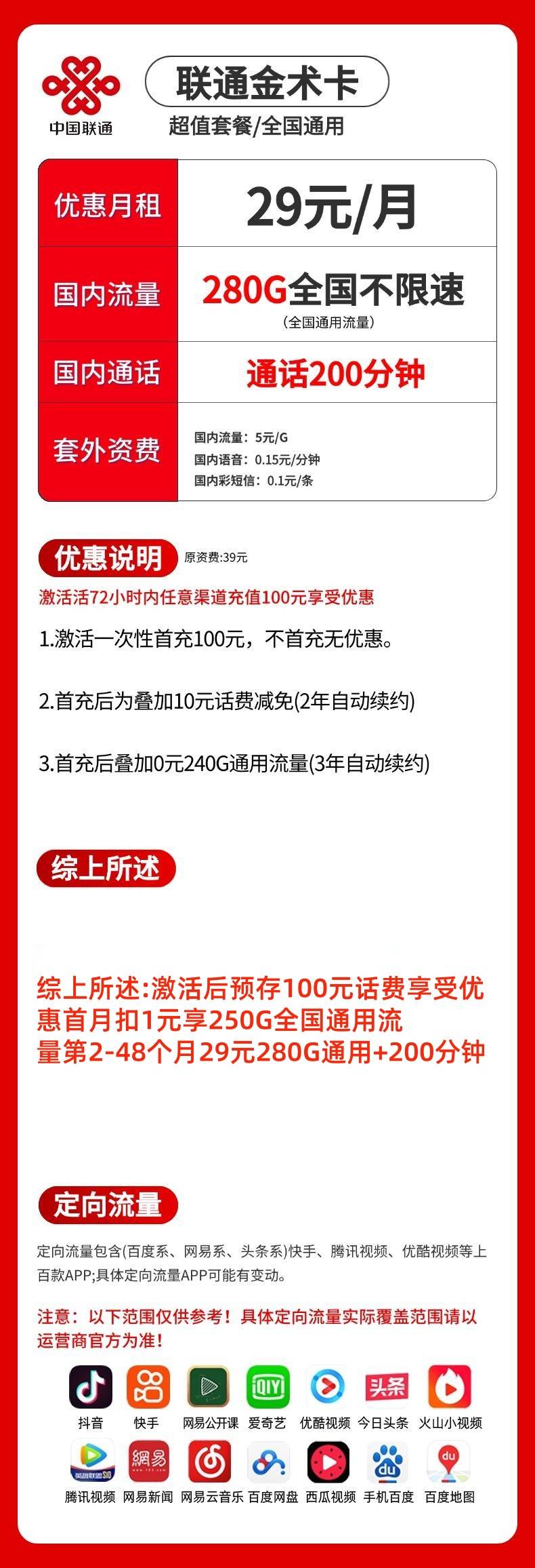 G2联通金术卡【29包280G通用流量+200分钟】【复制】 详情图 1