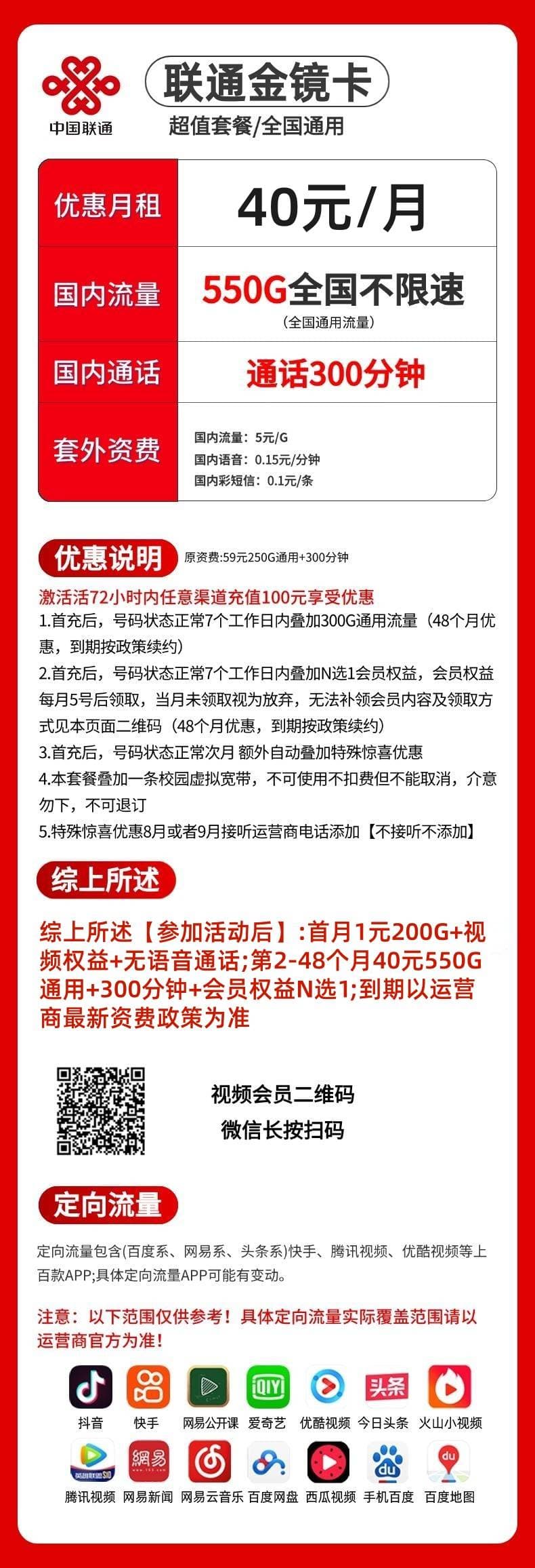 G(48小时内发)联通金镜卡【40元550G+300分钟+视频会员】 详情图 1
