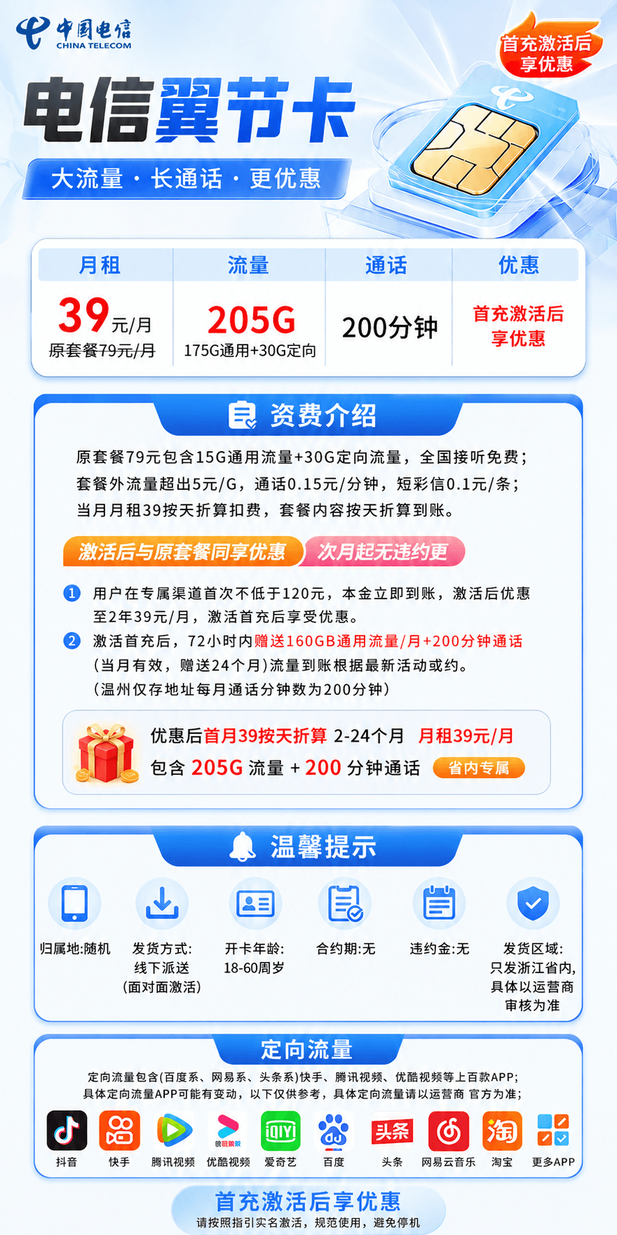 浙江电信2.0【39元205G+200分钟】 详情图 1