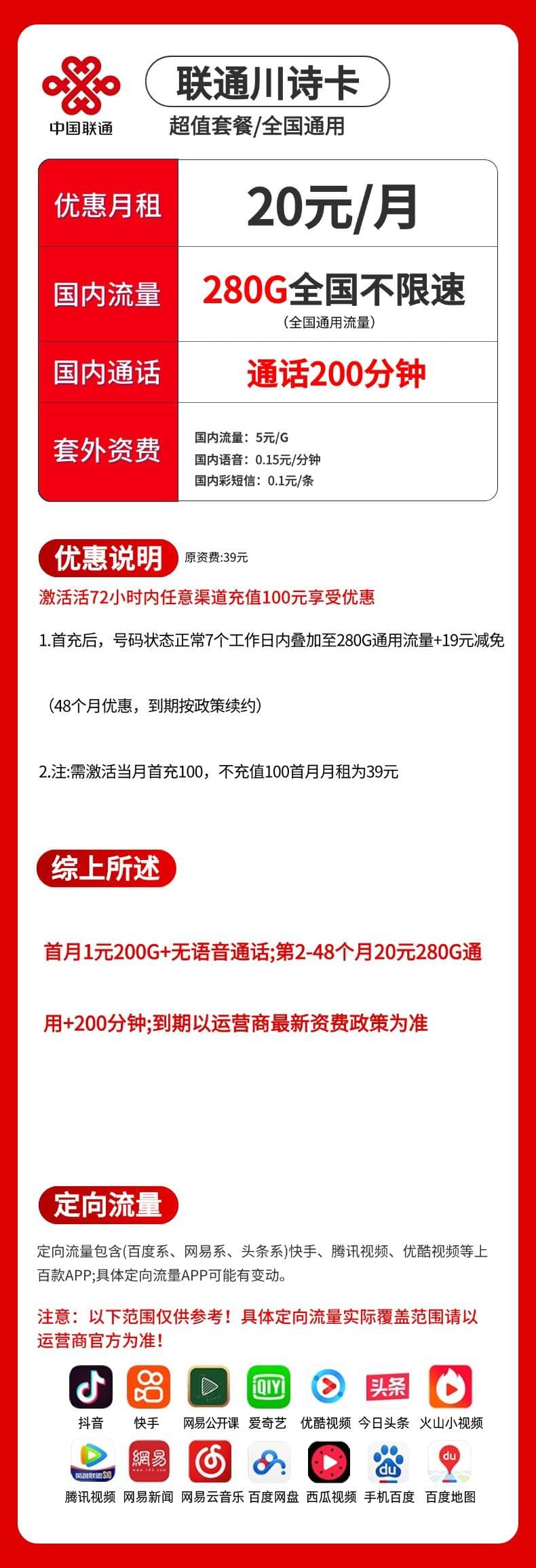 联通川诗卡【20元280G+200分钟】无会员版 详情图 1