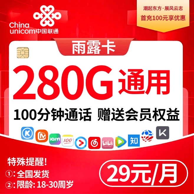 联通雨露卡【29元280G通用+100分钟+会员N选一】【四证发全国】